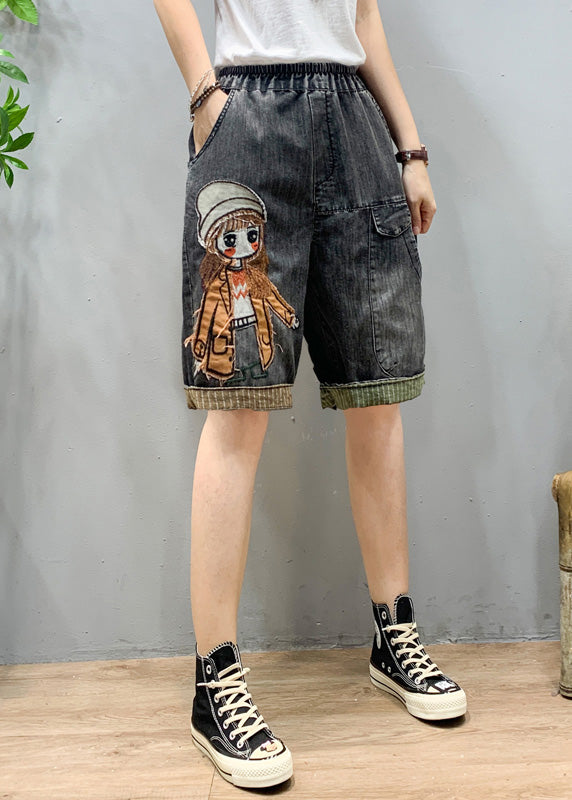 Art Schwarz Grau Elastische Taille Cartoon Mädchen Denim Shorts