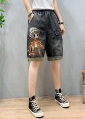 Art Schwarz Grau Elastische Taille Cartoon Mädchen Denim Shorts