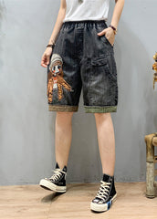Art Schwarz Grau Elastische Taille Cartoon Mädchen Denim Shorts
