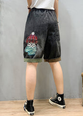 Art Schwarz Grau Elastische Taille Cartoon Mädchen Denim Shorts