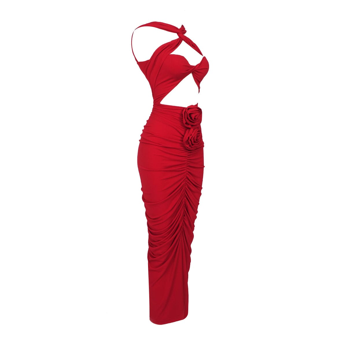 Vestido largo rojo con escote halter y aberturas 