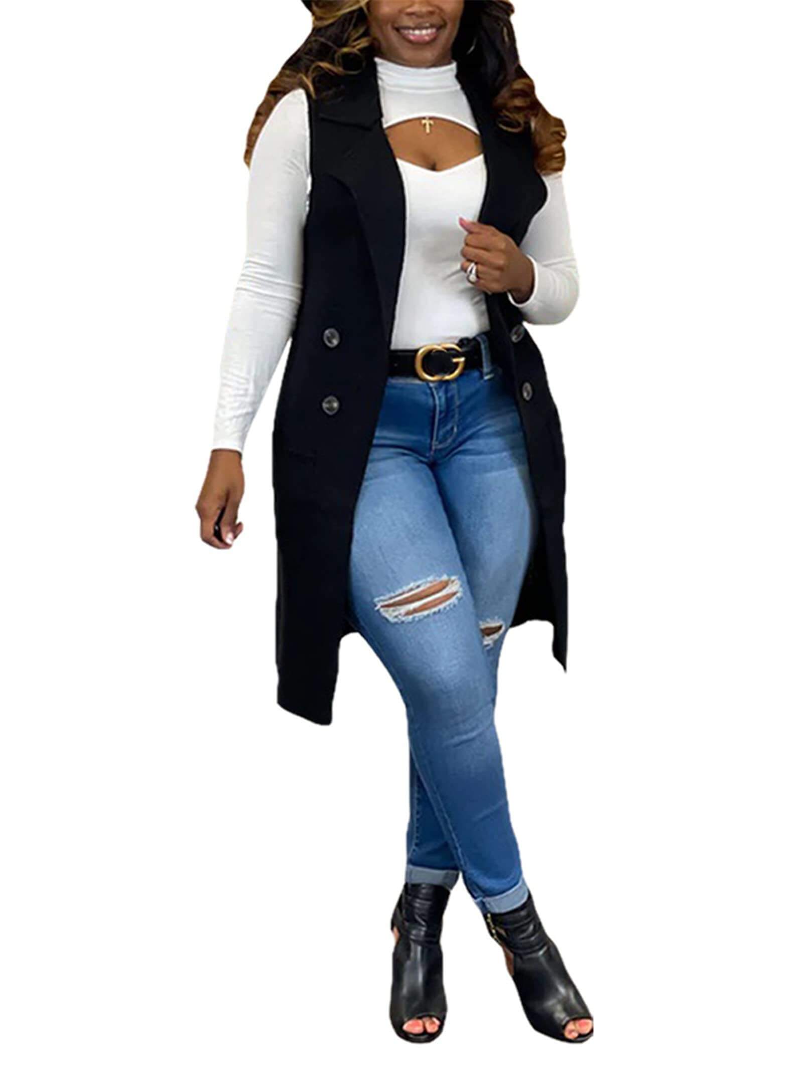 Chaquetas de botones sin mangas con solapa de color sólido