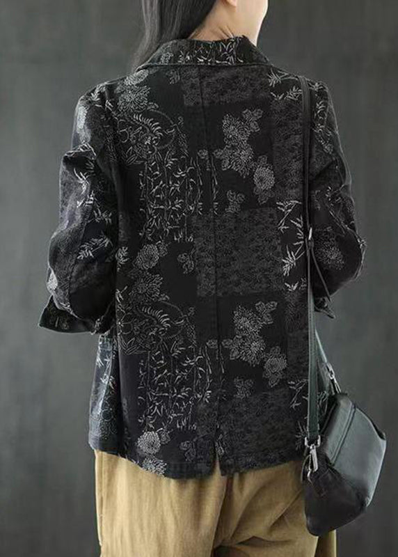Schwarze gekerbte Patchwork-Knopf-Jeansmäntel für den Herbst