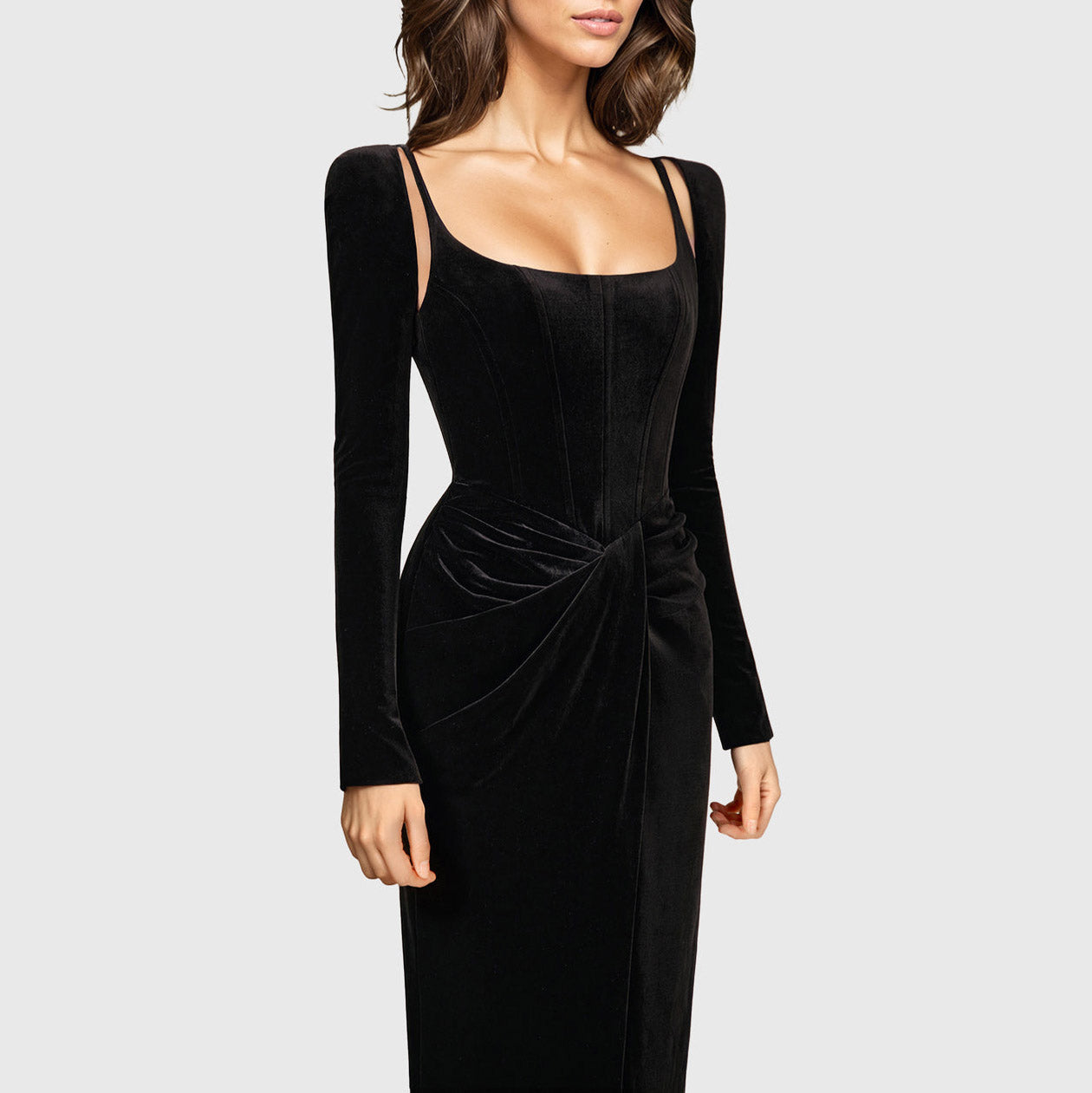 Schwarzes MIDI-Kleid mit langen Korsettärmeln und Schlitz vorn