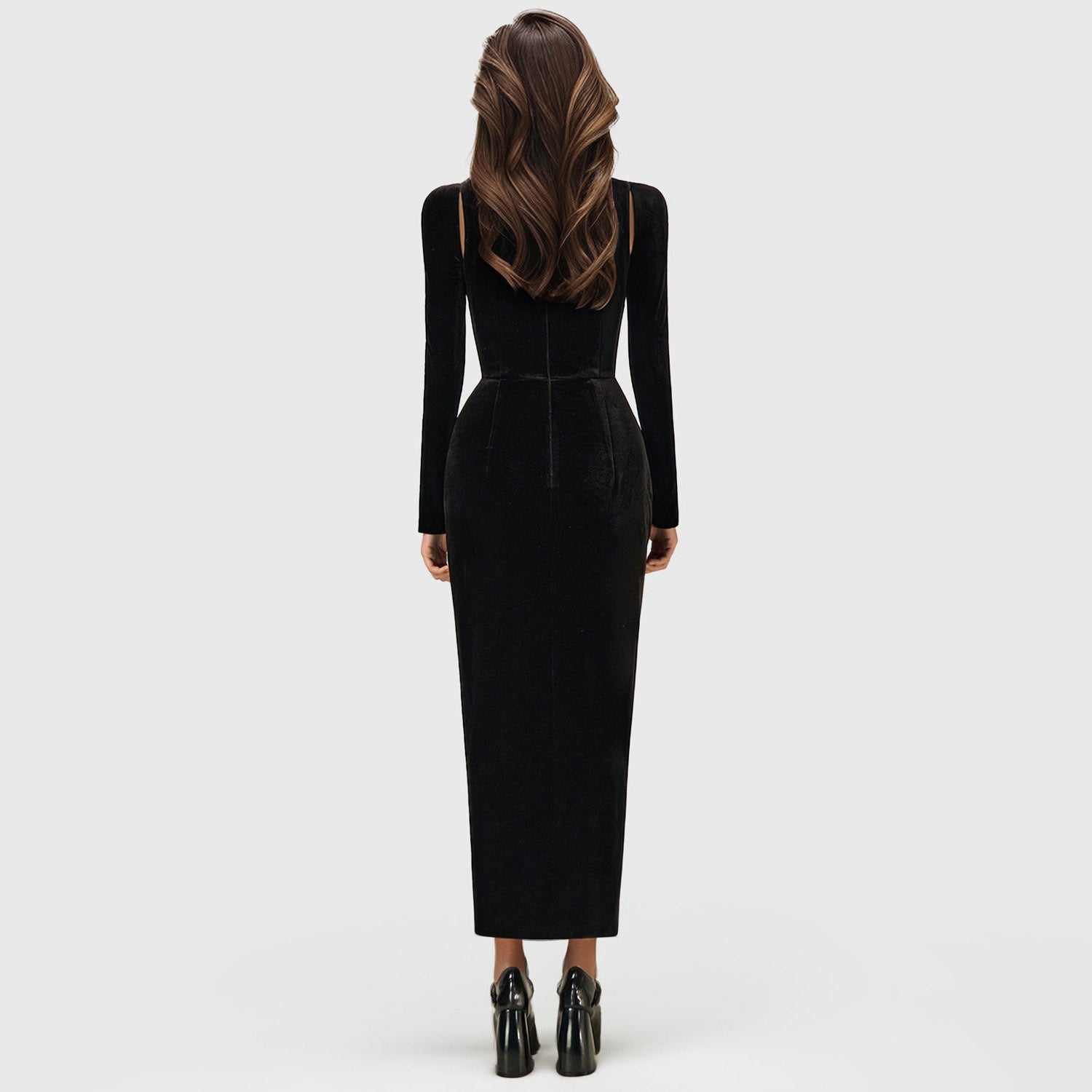 Schwarzes MIDI-Kleid mit langen Korsettärmeln und Schlitz vorn