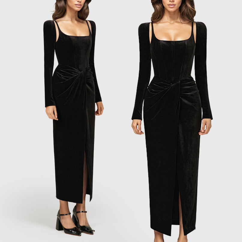 Schwarzes MIDI-Kleid mit langen Korsettärmeln und Schlitz vorn