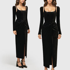 Schwarzes MIDI-Kleid mit langen Korsettärmeln und Schlitz vorn