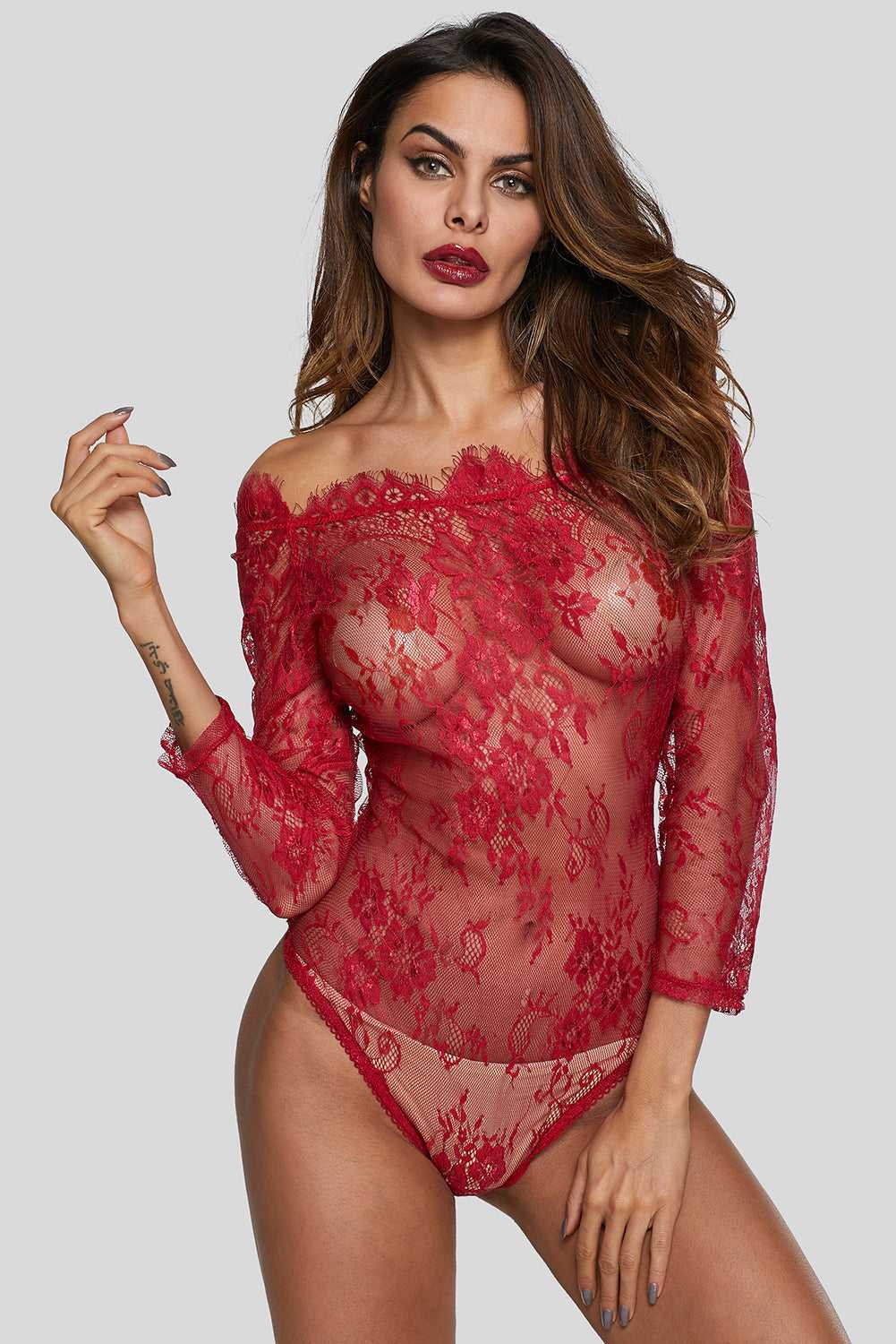 Burgunderroter Dessous-Bodysuit mit Stickerei und langen Ärmeln aus Spitze