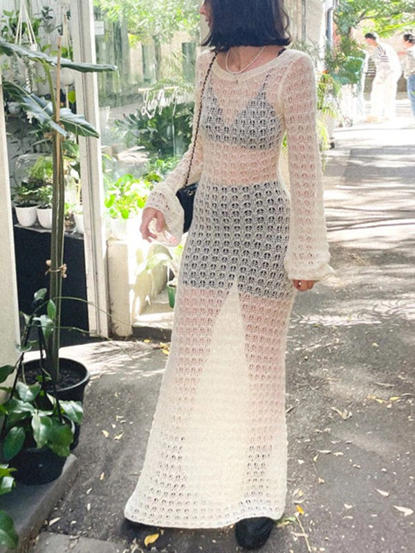 Gehäkeltes, hohles, rückenfreies, langärmliges Maxikleid zum Überziehen