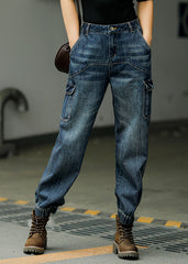 Lässige blaue Patchwork-Taschen mit hoher Taille Baumwoll-Jeanshose