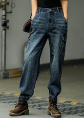 Lässige blaue Patchwork-Taschen mit hoher Taille Baumwoll-Jeanshose