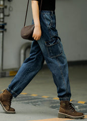 Lässige blaue Patchwork-Taschen mit hoher Taille Baumwoll-Jeanshose