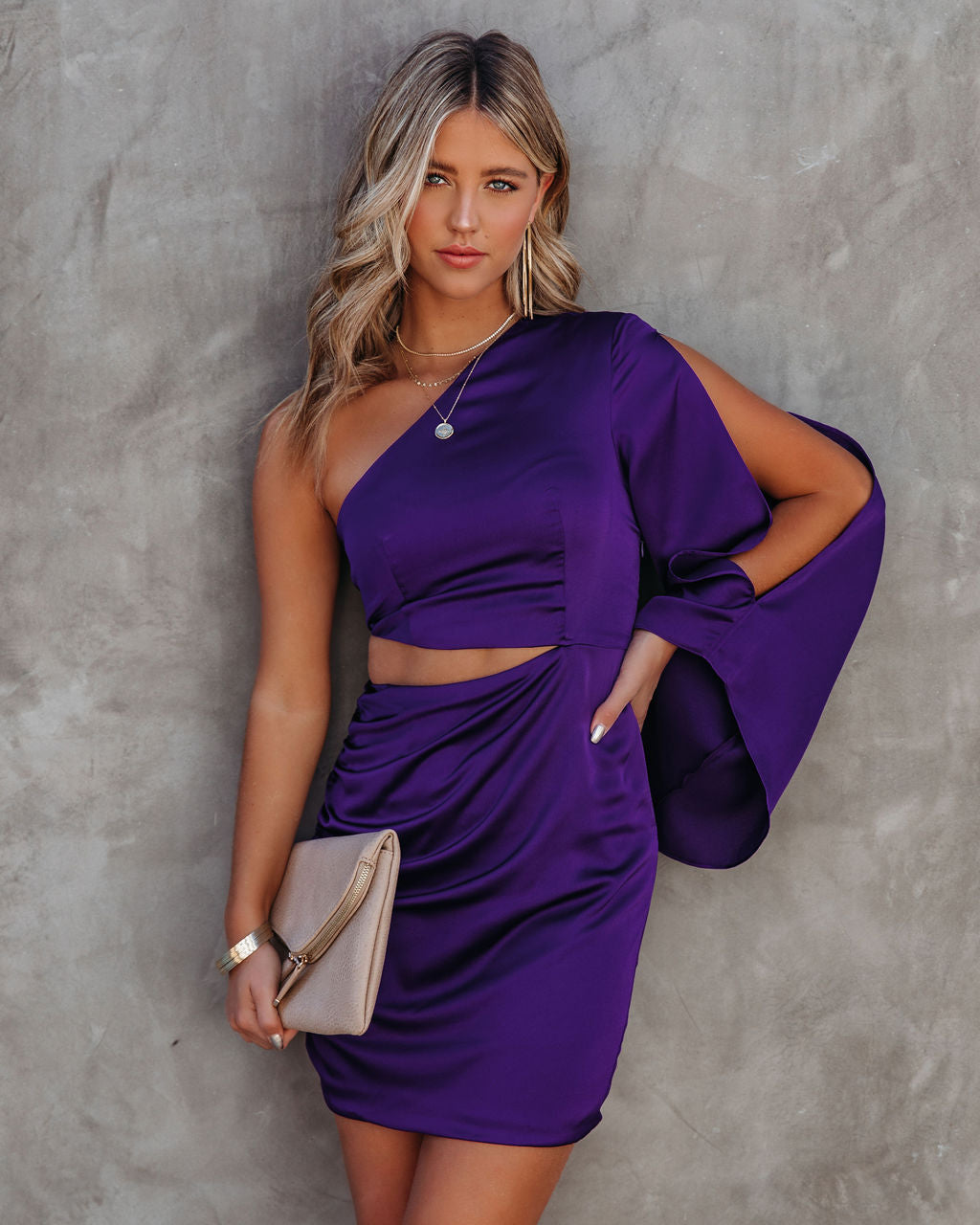 Caydan Satin One Shoulder Cutout Dress - Plum - FINAL SALE