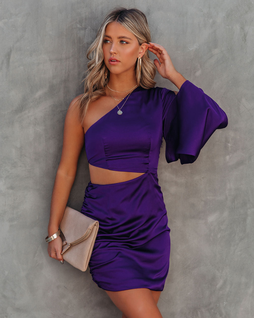 Caydan Satin One Shoulder Cutout Dress - Plum - FINAL SALE