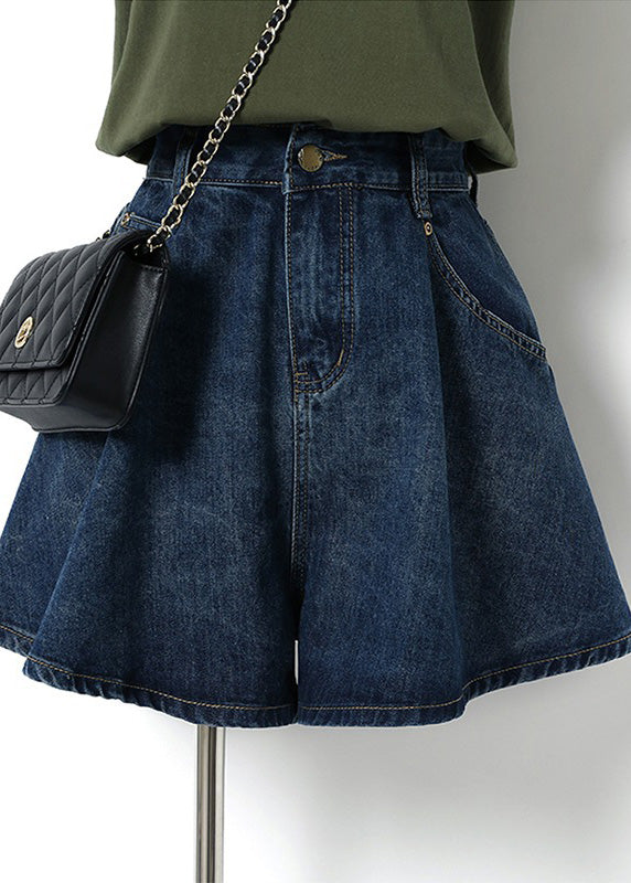 Edle, marineblaue Jeansshorts mit Patchwork-Taschen und hoher Taille und Knopfleiste