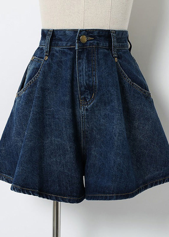 Edle, marineblaue Jeansshorts mit Patchwork-Taschen und hoher Taille und Knopfleiste