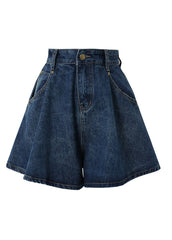 Edle, marineblaue Jeansshorts mit Patchwork-Taschen und hoher Taille und Knopfleiste