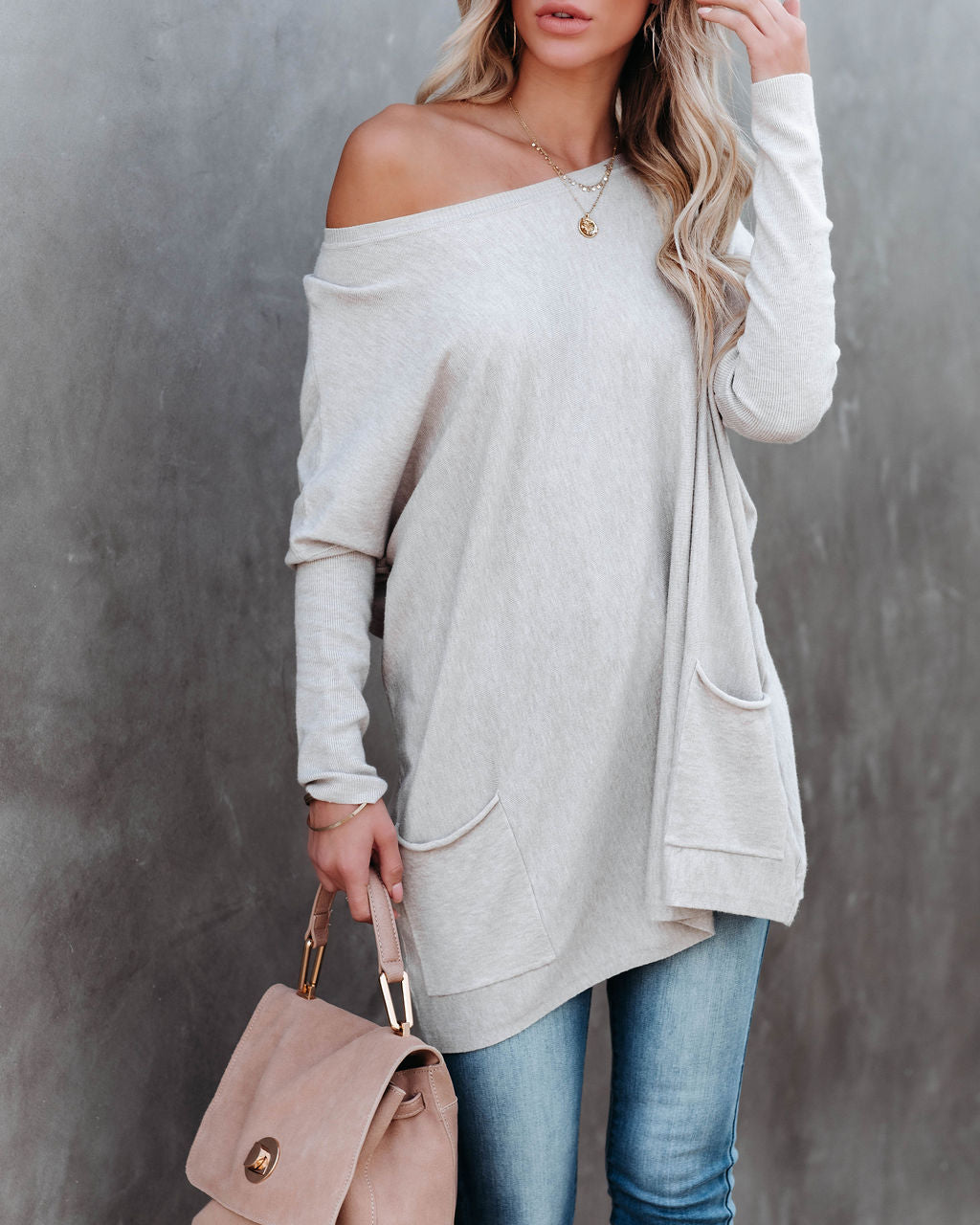Close To You Pullover mit Taschen – Warmes Grau – ENDGÜLTIGER VERKAUF