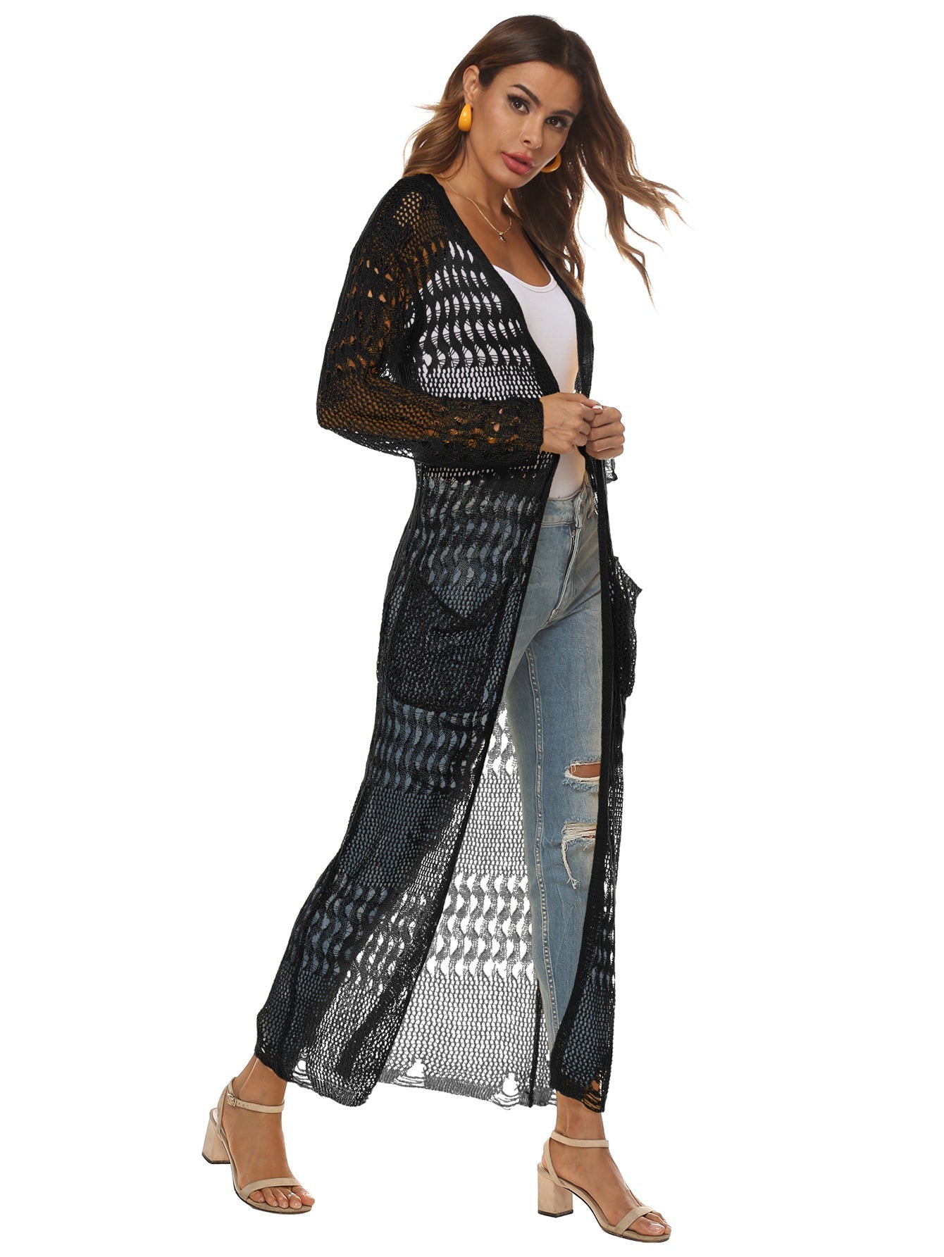 Cut Out Pocket Open Front Longline Cardigan Sai Feel