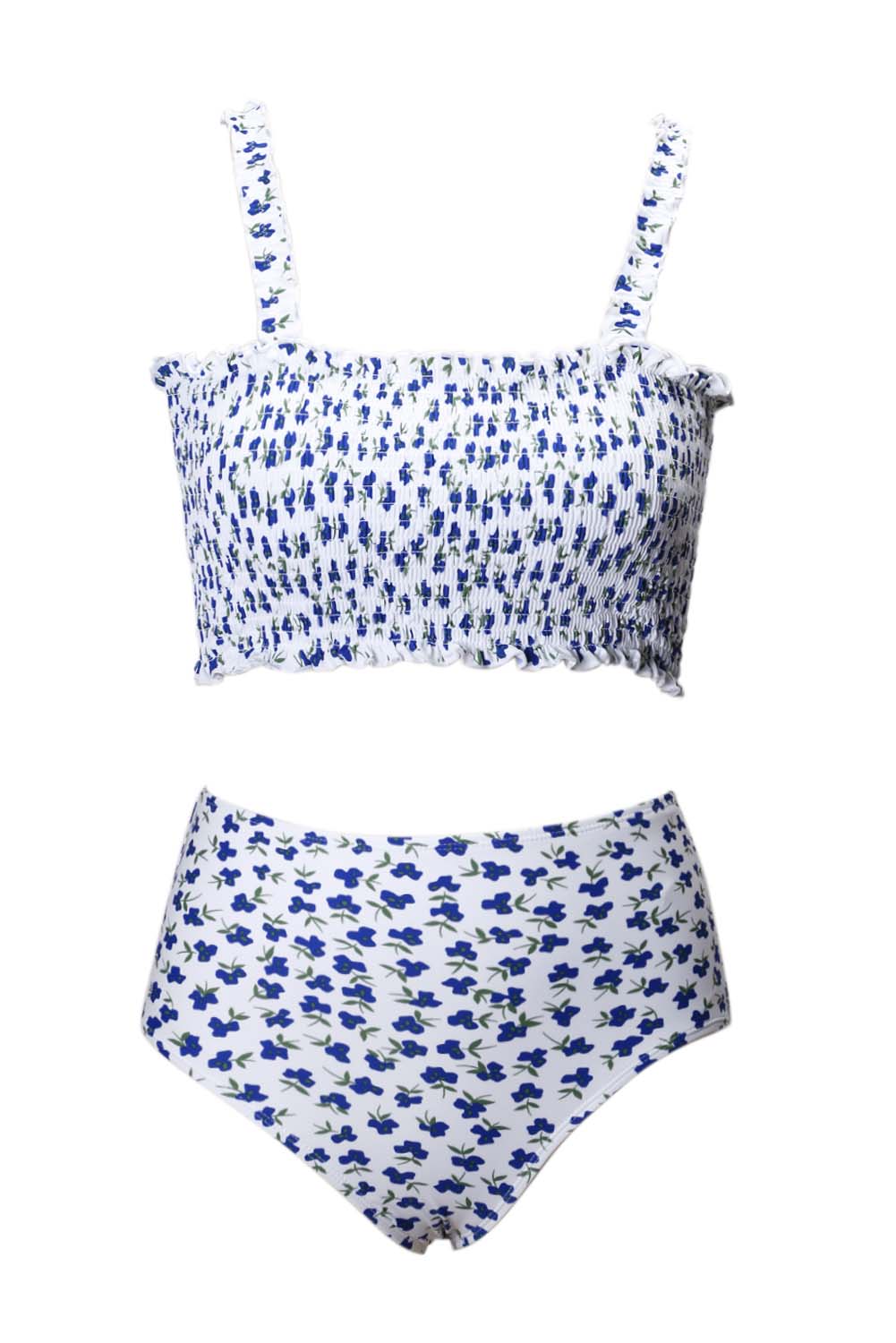 Süßer gesmokter Badeanzug mit hoher Taille und weißen Blumen