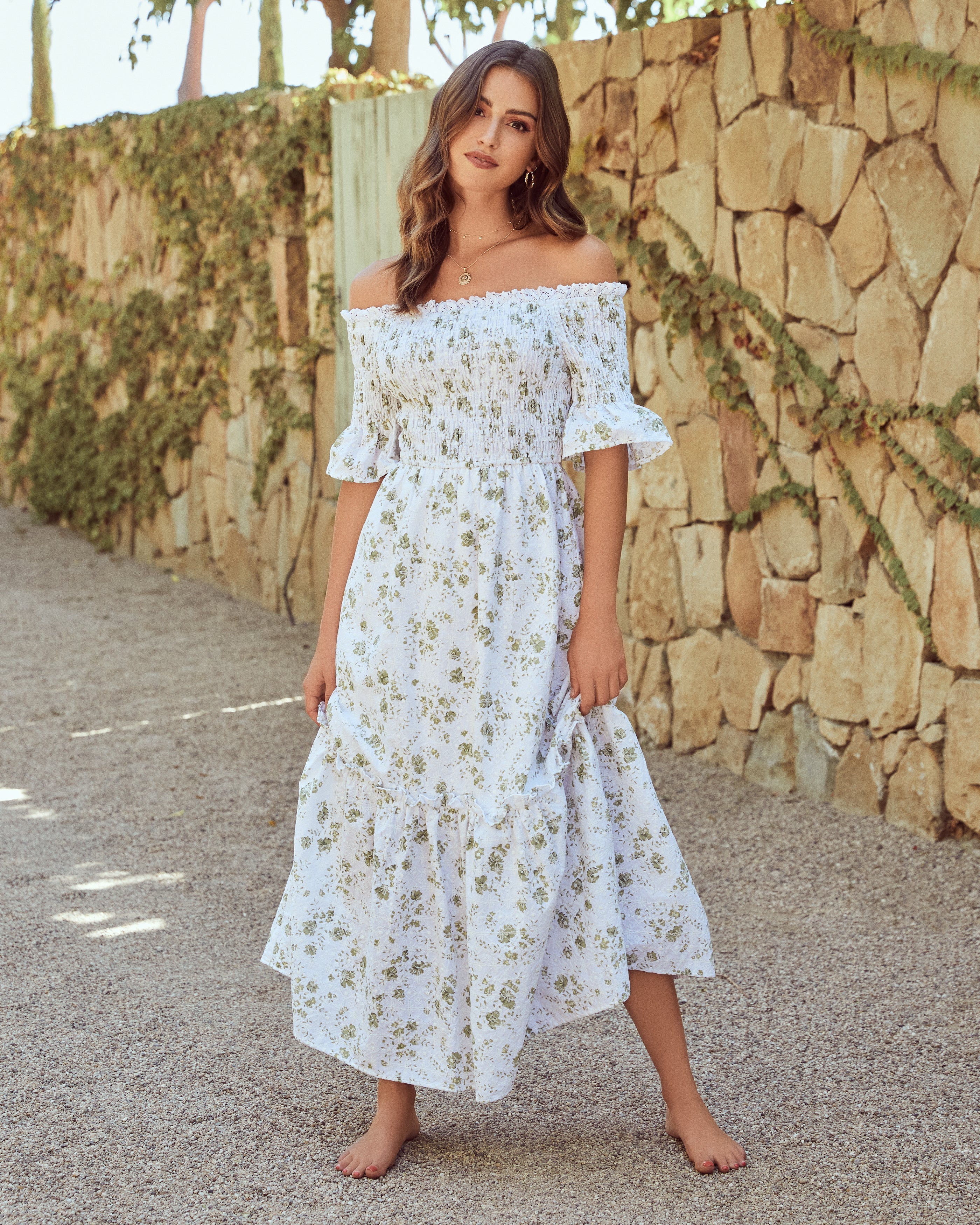 Dasha – Schulterfreies Maxikleid aus Baumwolle mit Blumenmuster – Salbeigrün – ENDGÜLTIGER VERKAUF