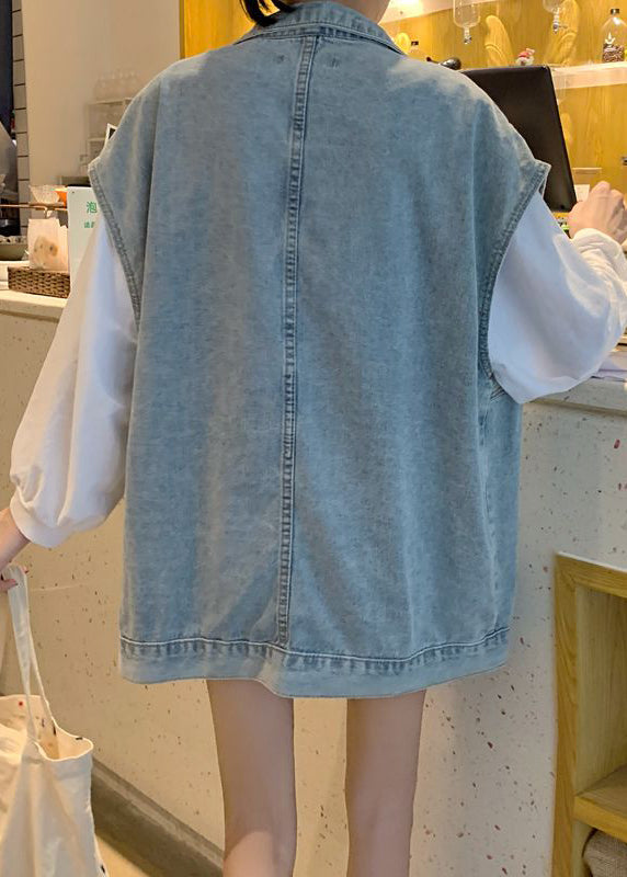 DIY Denim Blau Peter Pan Kragen Taschen Patchwork Weste Ärmellos