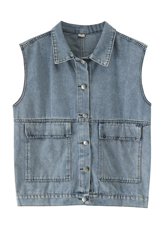 DIY Denim Blau Peter Pan Kragen Taschen Patchwork Weste Ärmellos