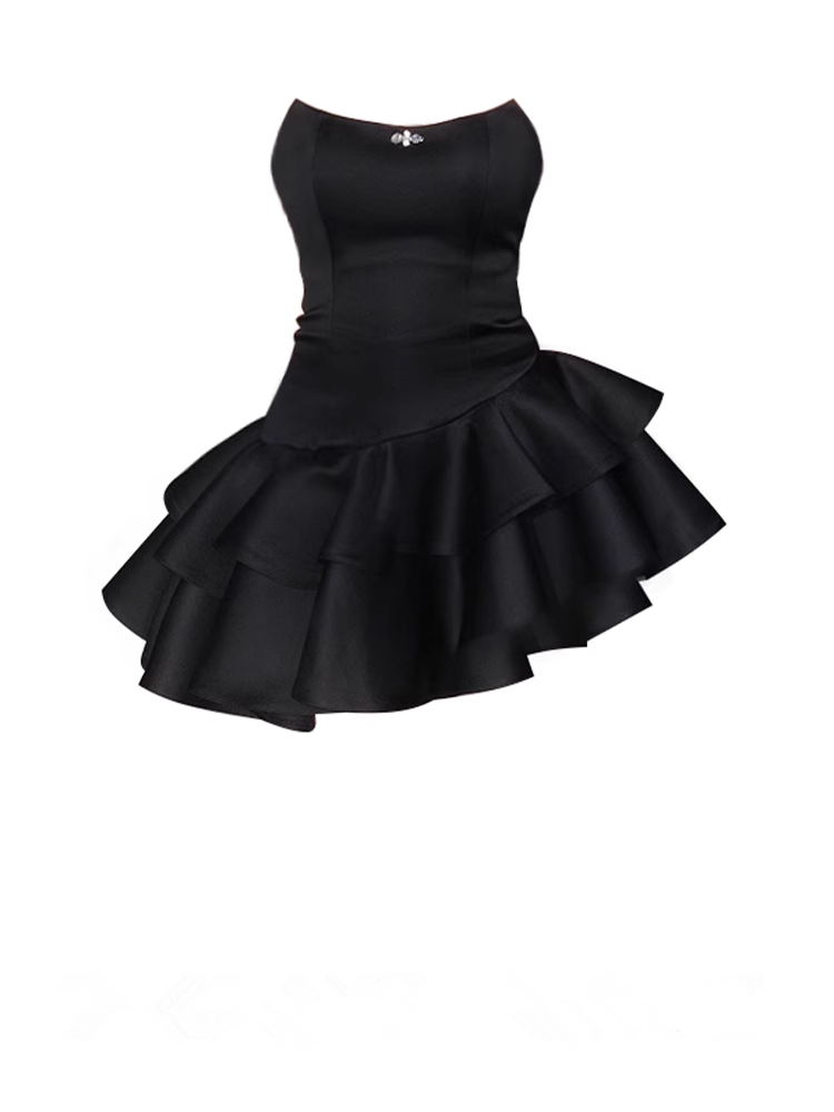 Schwarzes, unregelmäßiges Puffkleid für Damen