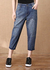 Denim Blau Patchwork Baumwolle Crop Hose Elastische Taille Taschen
