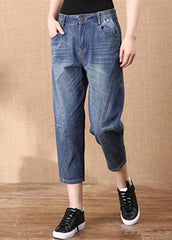 Denim Blau Patchwork Baumwolle Crop Hose Elastische Taille Taschen