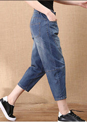 Denim Blau Patchwork Baumwolle Crop Hose Elastische Taille Taschen