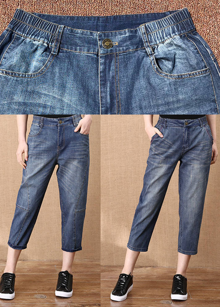 Denim Blau Patchwork Baumwolle Crop Hose Elastische Taille Taschen