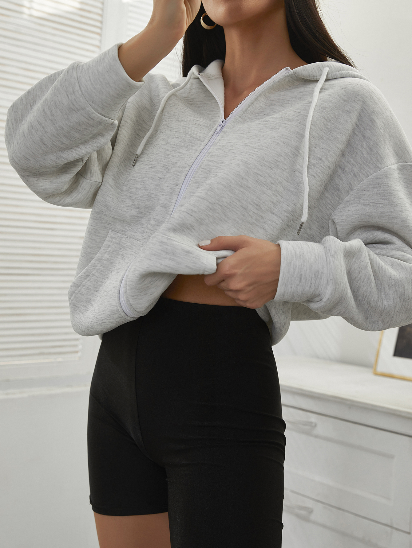 Drop Shoulder Zip Front Drawstring Hoodie