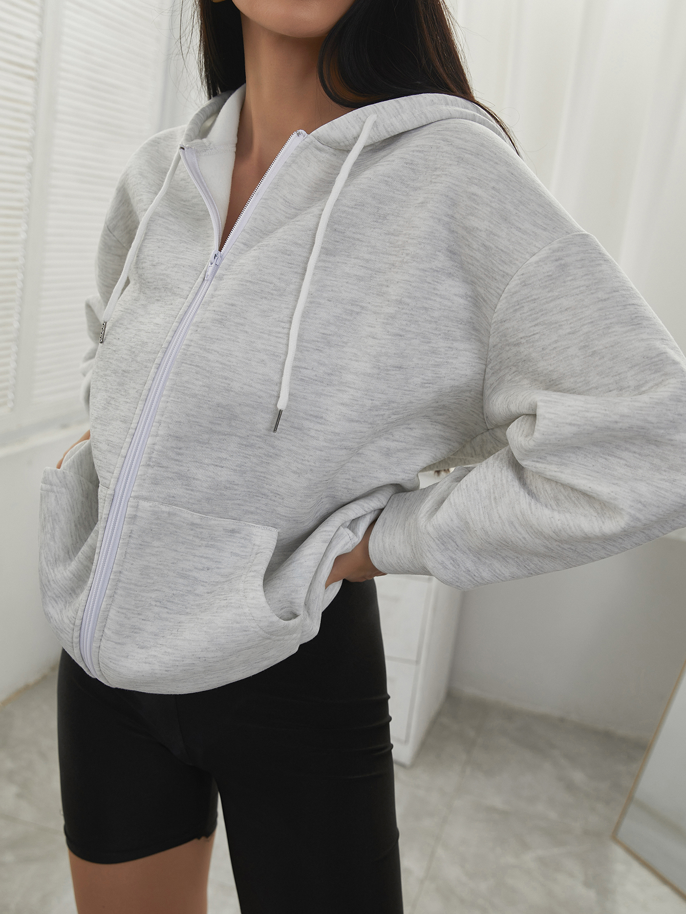 Drop Shoulder Zip Front Drawstring Hoodie