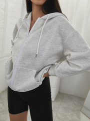 Drop Shoulder Zip Front Drawstring Hoodie