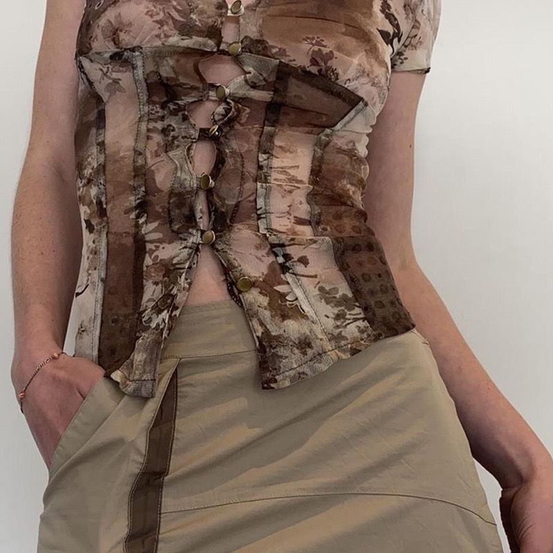 Vintage V-Ausschnitt Mesh Print Kurzarm T-Shirt