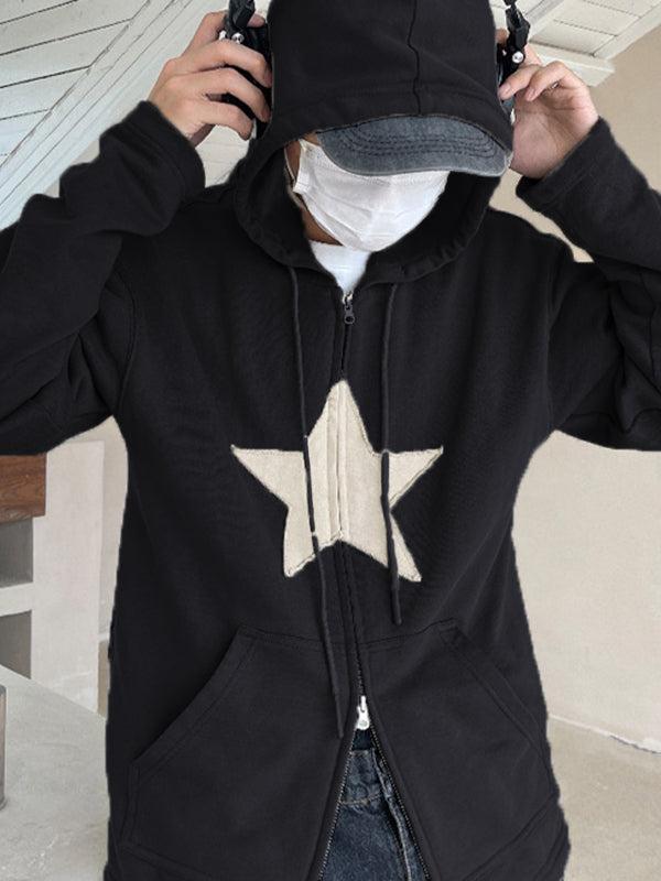 Baggy-Hoodie mit Reißverschluss im Vintage-Stil mit Stern-Patch