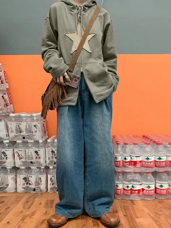 Baggy-Hoodie mit Reißverschluss im Vintage-Stil mit Stern-Patch