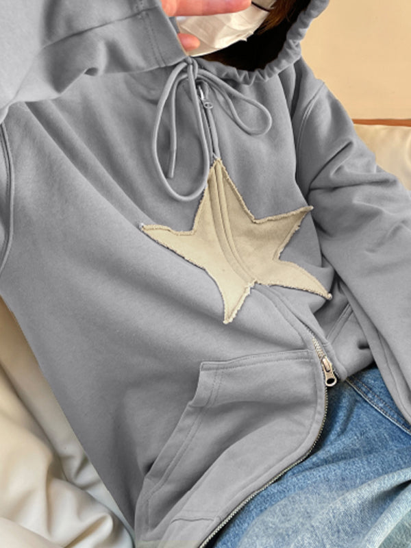 Baggy-Hoodie mit Reißverschluss im Vintage-Stil mit Stern-Patch