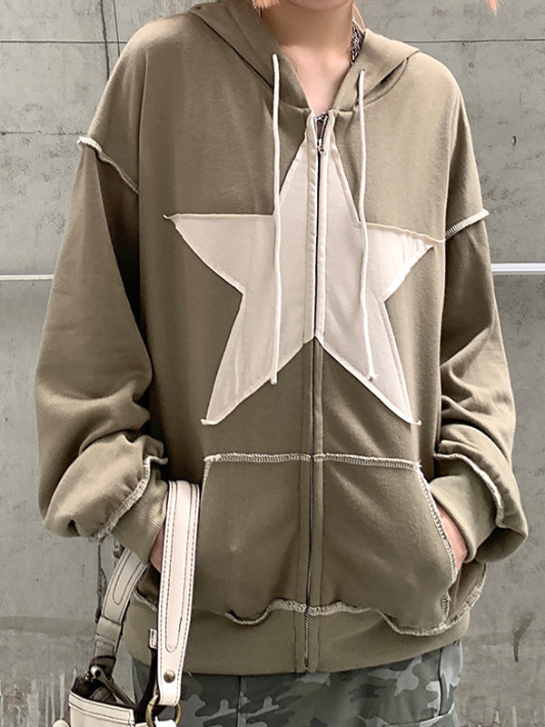 Baggy-Hoodie mit Reißverschluss im Vintage-Stil mit Stern-Patch