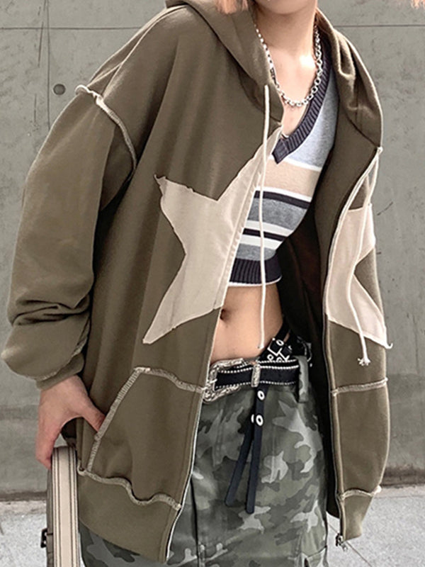 Baggy-Hoodie mit Reißverschluss im Vintage-Stil mit Stern-Patch