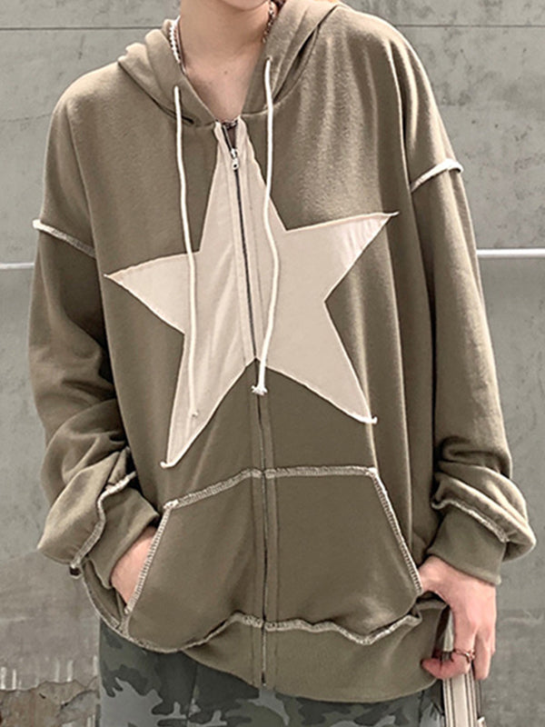 Baggy-Hoodie mit Reißverschluss im Vintage-Stil mit Stern-Patch