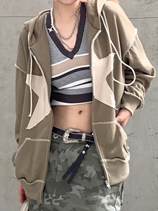 Baggy-Hoodie mit Reißverschluss im Vintage-Stil mit Stern-Patch