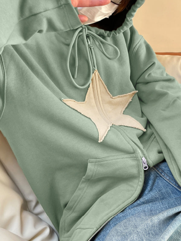 Baggy-Hoodie mit Reißverschluss im Vintage-Stil mit Stern-Patch