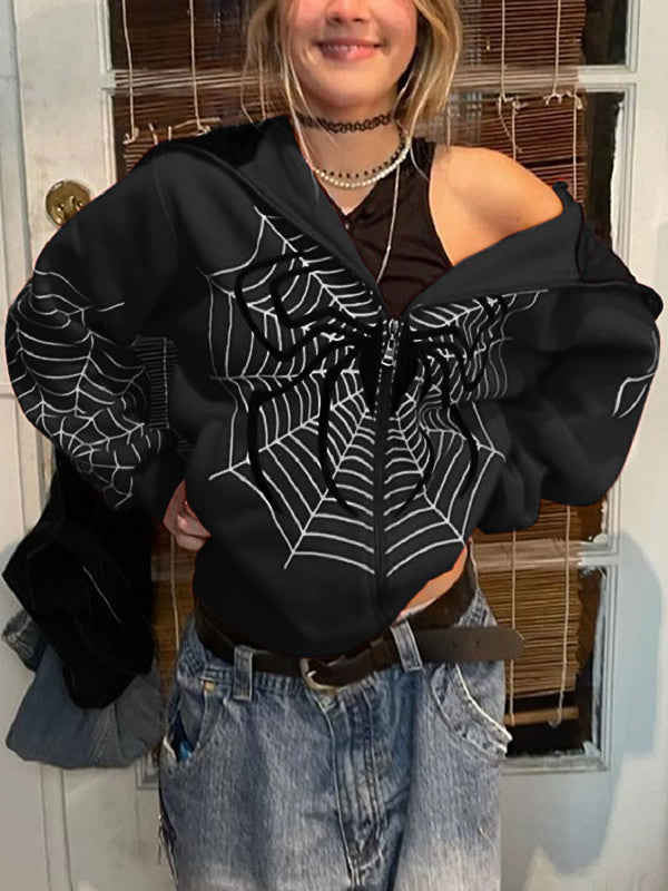 Kapuzenjacke mit Reißverschluss und Spinnen-Print