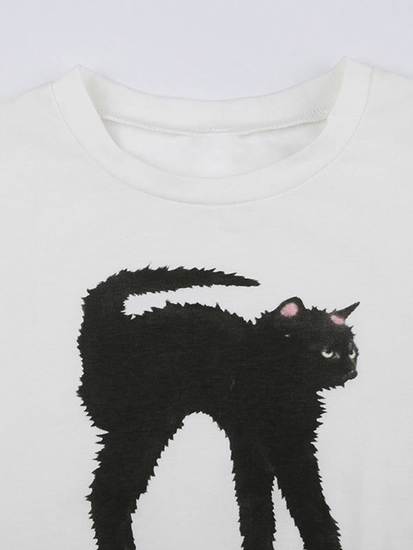 Schwarzes Crop-Top mit Katzen-Print