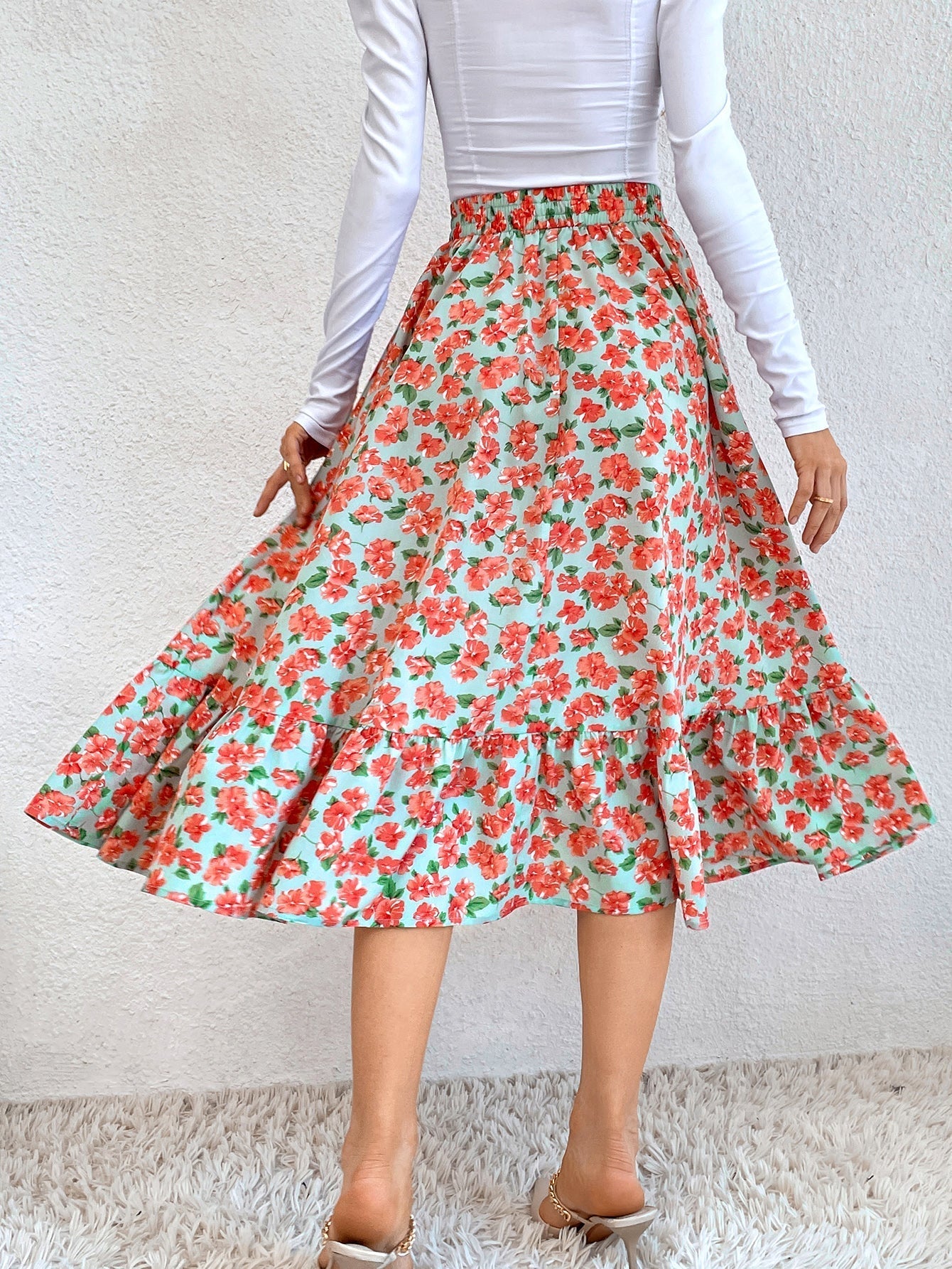 Elastic Waist Leopard Ruffled Maxi Skirt Sai Feel