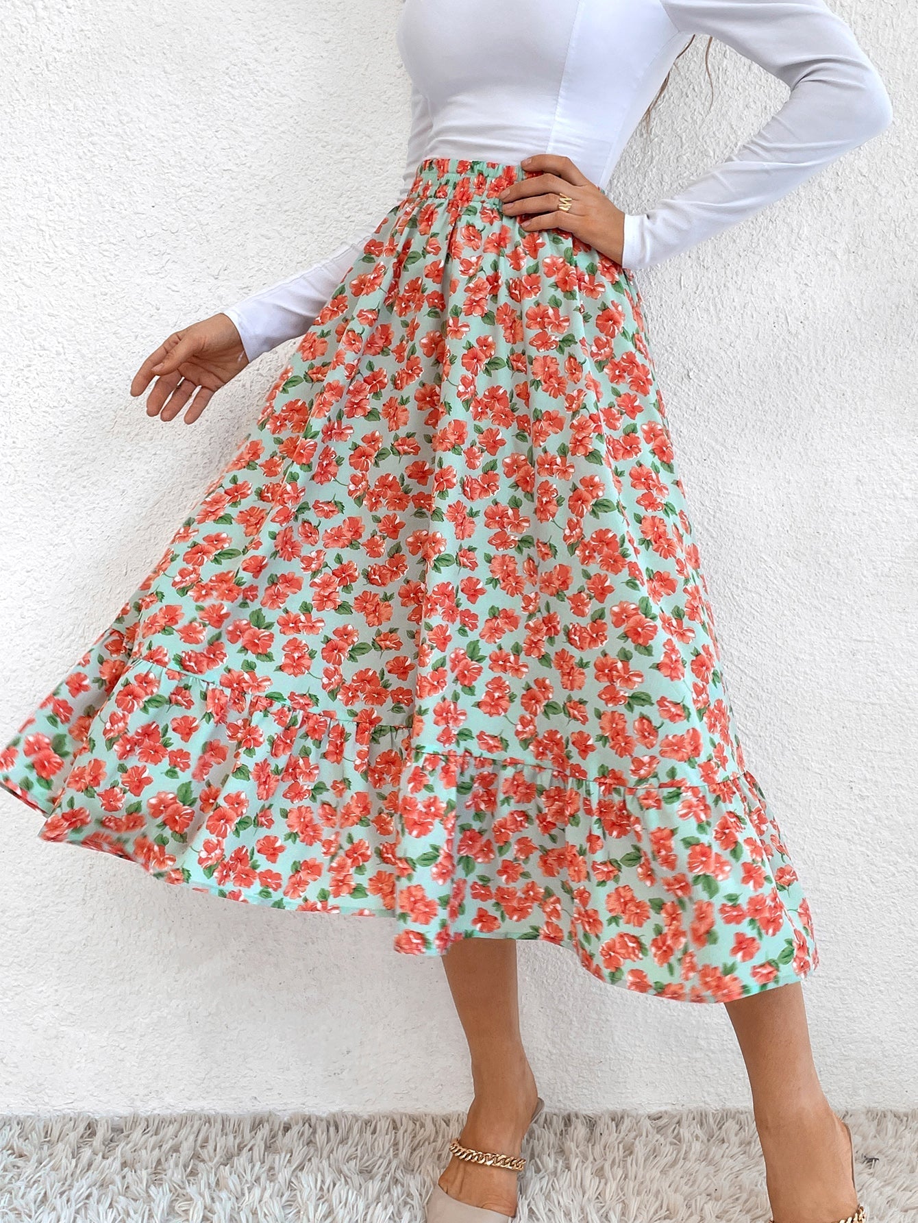 Elastic Waist Leopard Ruffled Maxi Skirt Sai Feel
