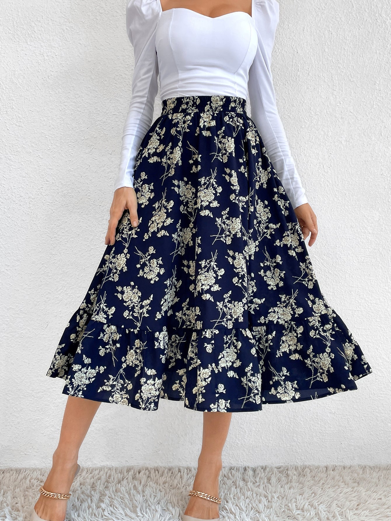 Elastic Waist Leopard Ruffled Maxi Skirt Sai Feel