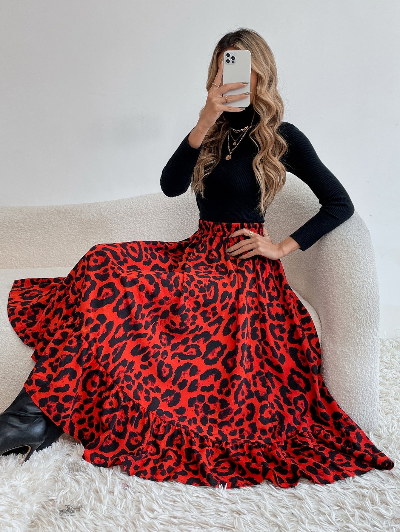 Elastic Waist Leopard Ruffled Maxi Skirt Sai Feel